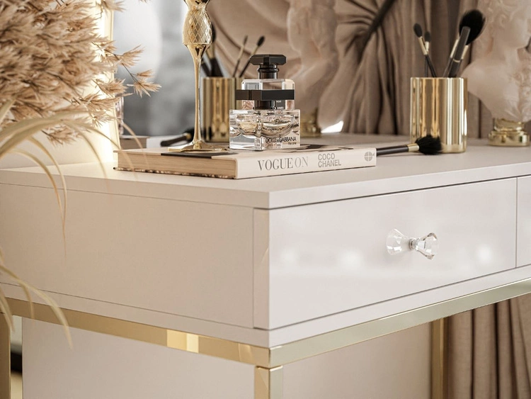 Toaletka kosmetyczna lewostronna z szufladami i oświetleniem LED na złotych nogach Clarette Biały połysk