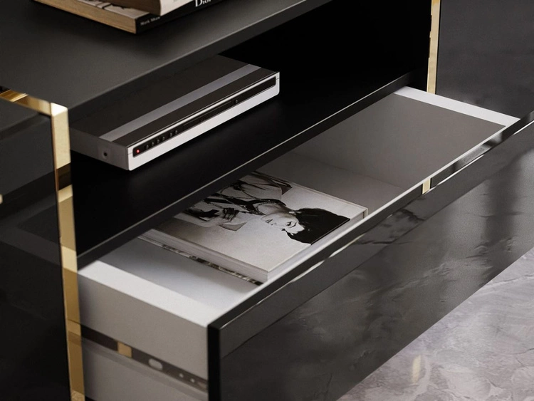 Szafka RTV w stylu glamour z szafkami i szufladą Lunelie czarny połysk