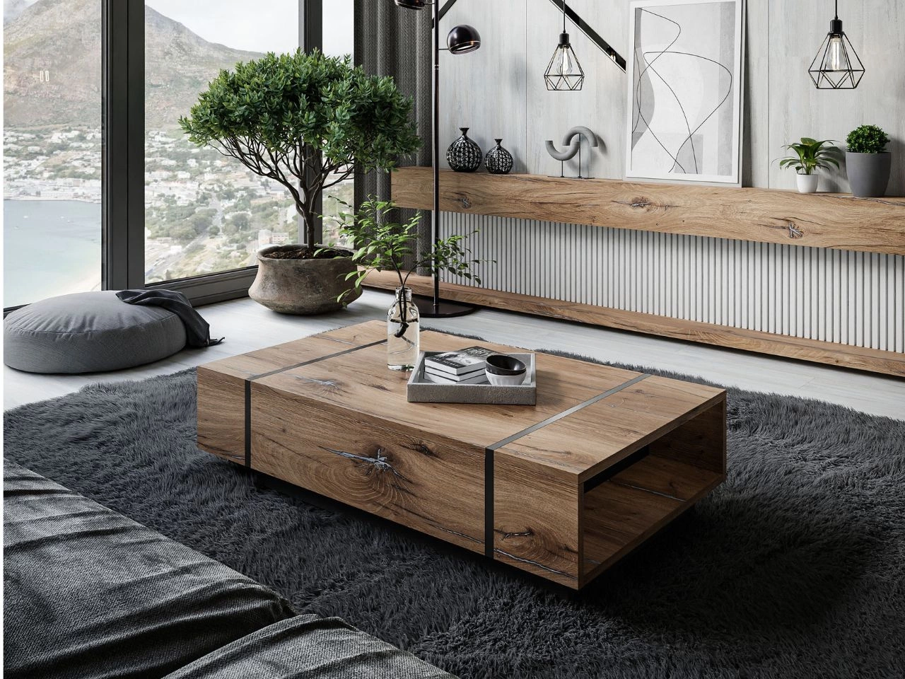 Stolik kawowy w stylu loft Lunelie dąb Flagstaff