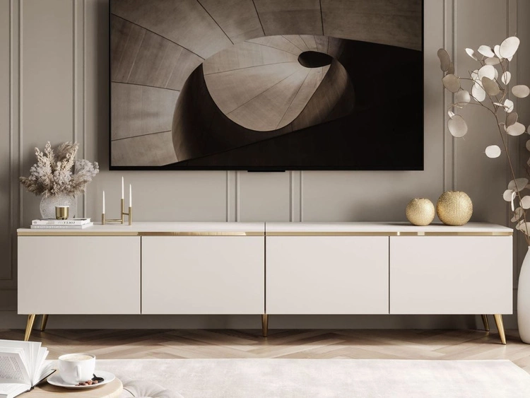 Szafka RTV czterodrzwiowa w stylu glamour z oświetleniem LED Celle kaszmir mat