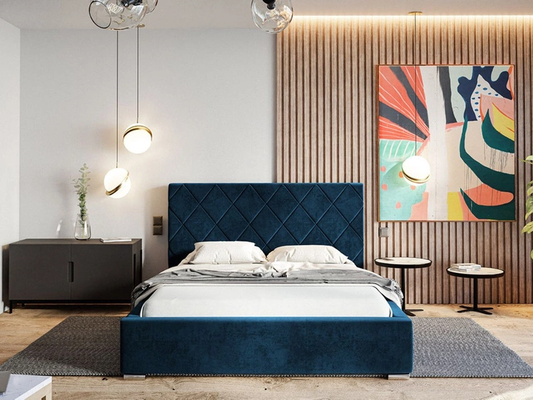 Łóżko tapicerowane z pojemnikiem i stelażem 160x200 Taranto Ciemnoniebieskie