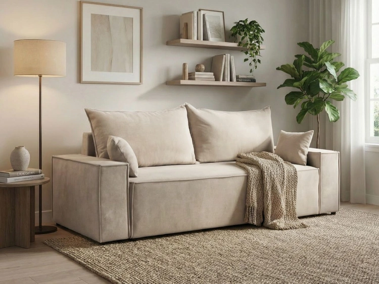 Kanapa z funkcją spania i pojemnikiem na pościel Sivra Beżowa