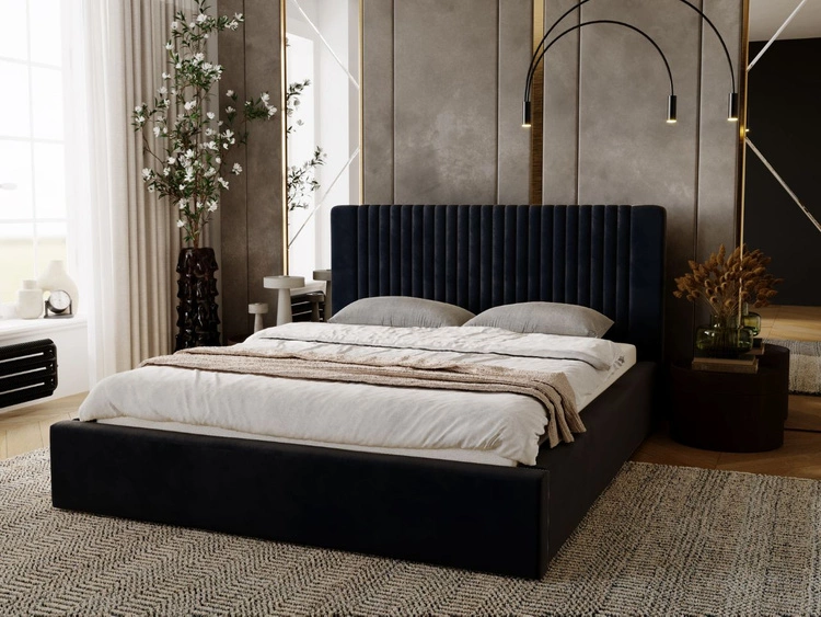 Łóżko tapicerowane z pojemnikiem i stelażem 180x200 Malmo Ciemny niebieski