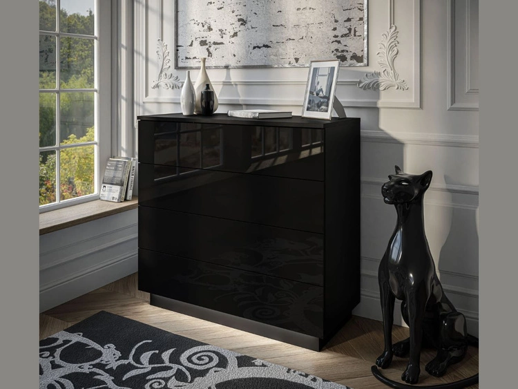 Komoda z czterema szufladami i oświetleniem LED Nuveo Czarny połysk