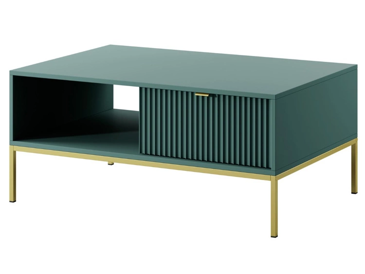 Stolik kawowy z szufladą Amber zielony na złotych nogach
