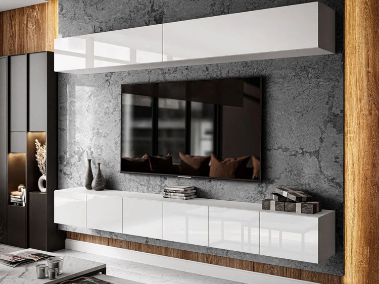 Wisząca meblościanka do salonu z oświetleniem LED Nodoo Biały połysk