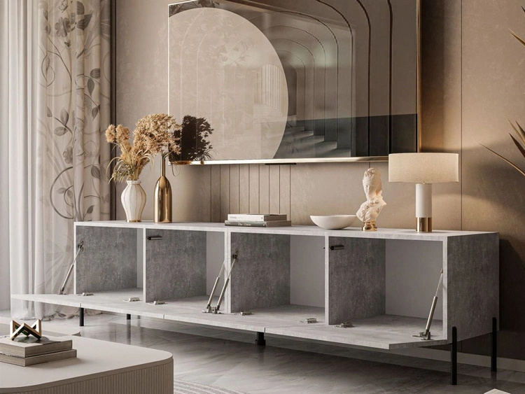 Szafka RTV pod telewizor z drzwiczkami na czarnych nóżkach 200 cm Nodoo Beton