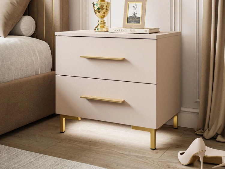 Stolik nocny z dwoma szufladami na złotych nóżkach Nuveo Kaszmir