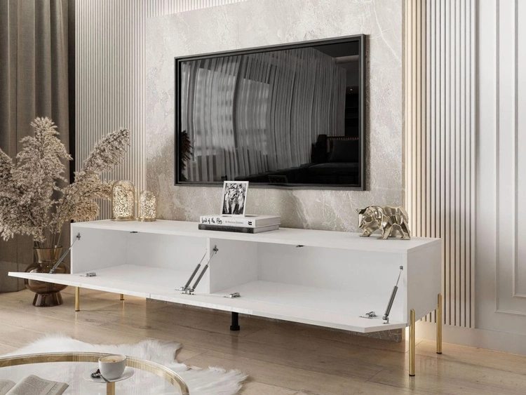 Szafka RTV pod telewizor z drzwiczkami na złotych nóżkach 175 cm Sorelle Biały połysk