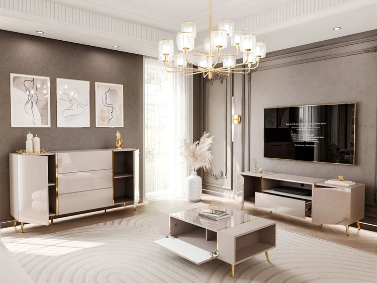 Zestaw mebli do salonu w stylu glamour na złotych nóżkach Lunelie Kaszmir