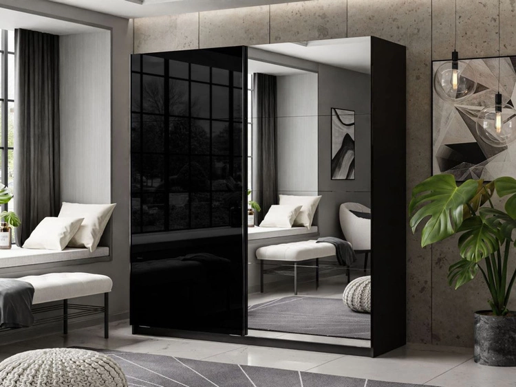 Szafa dwudrzwiowa z drzwiami przesuwnymi i lustrem 194 cm Nuveo Czarny połysk