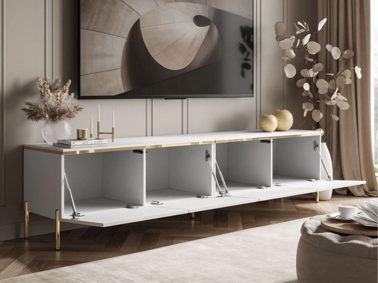 Szafka RTV w stylu glamour z oświetleniem LED Celle biały połysk