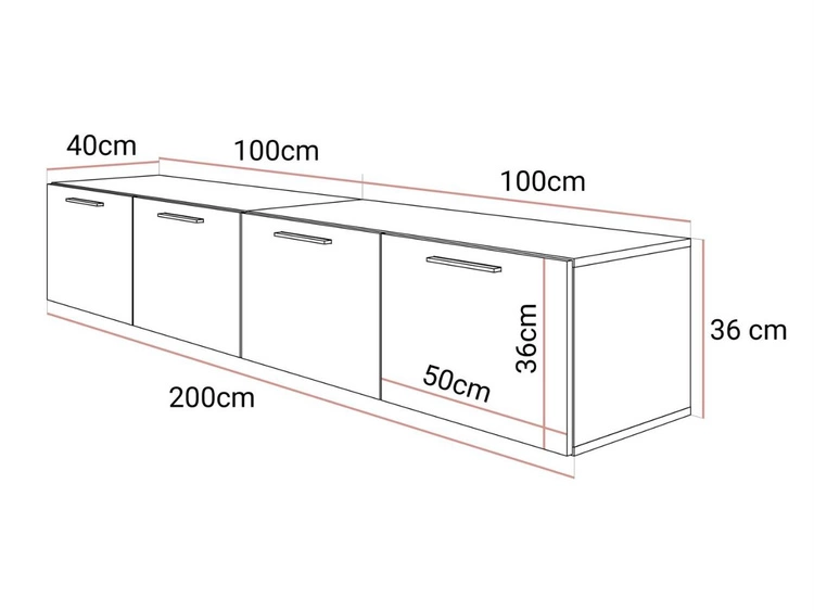 Szafka RTV wisząca pod telewizor z drzwiczkami i srebrnymi uchwytami 200 cm Noaé Kaszmir