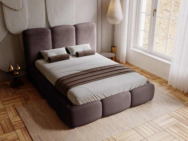 Łóżko tapicerowane z pojemnikiem i stelażem 200x200 cm Bubble Brązowe