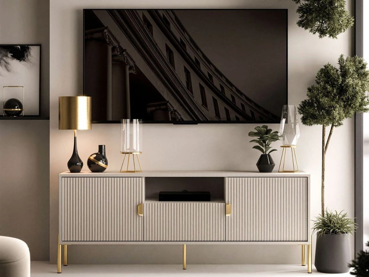 Szafka RTV dwudrzwiowa na złotych nogach z szufladą Orlean kaszmir mat