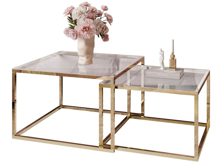 Stolik kawowy na złotym stelażu z przezroczystym blatem Asumi 35x41