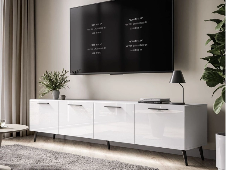 Szafka RTV pod telewizor z drzwiczkami i oświetleniem LED na czarnych nóżkach 200 cm Noaé Biały Połysk