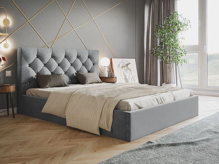 Łóżko tapicerowane z pojemnikiem i stelażem 160x200 Selva Jasny szary