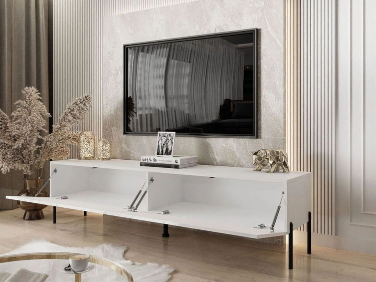 Szafka RTV pod telewizor z drzwiczkami na czarnych nóżkach 175 cm Sorelle Biały połysk