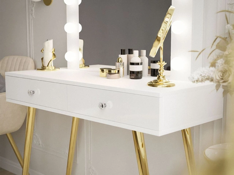 Toaletka glamour z szufladami, lustrem i oświetleniem LED Olivine biały połysk