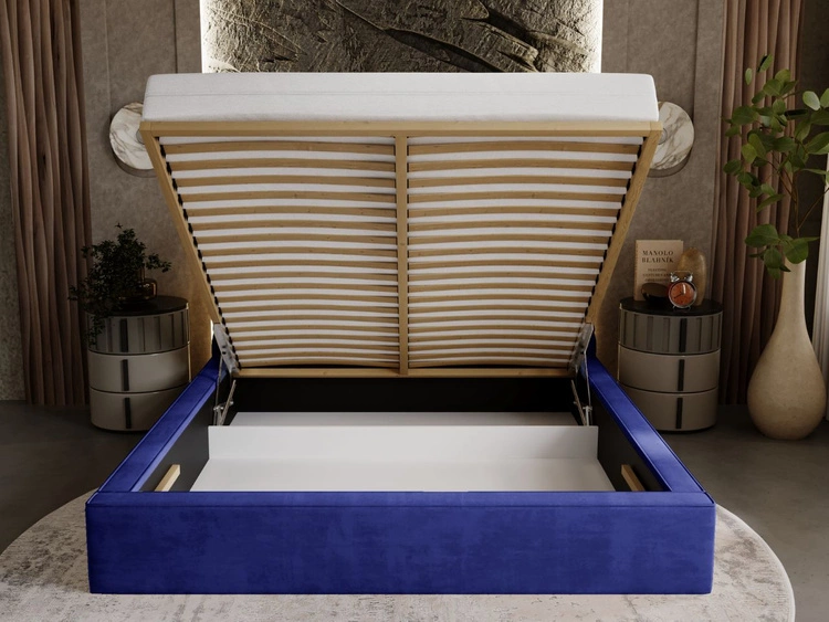 Łóżko tapicerowane z pojemnikiem i stelażem 180x200 Apollo Niebieskie