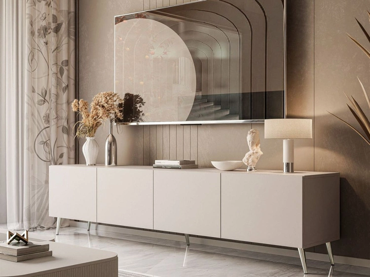 Szafka RTV pod telewizor z drzwiczkami na srebrny nóżkach 200 cm Nodoo Kaszmir