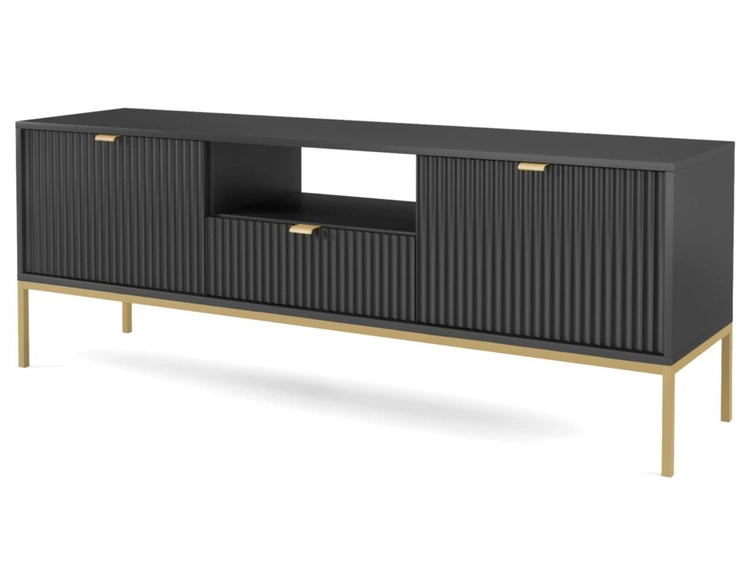 Szafka pod telewizor z szufladami i drzwiczkami Amber czarna na złotych nogach