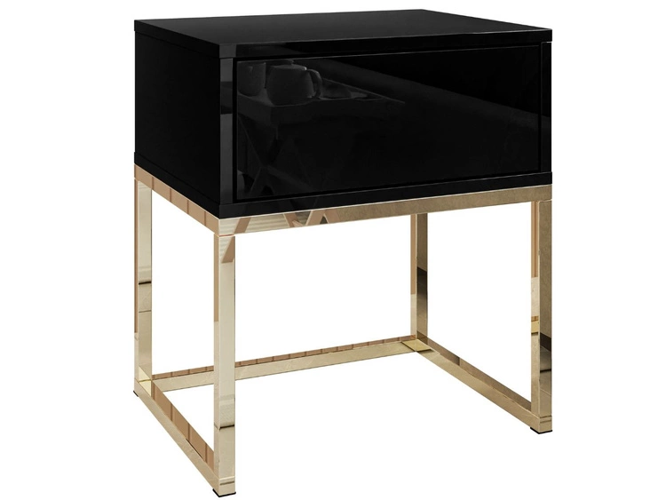 Stolik nocny z szufladą i złotymi nogami Brisa czarny połysk
