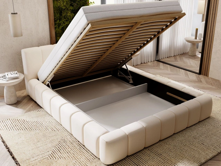Łóżko tapicerowane z pojemnikiem i stelażem 140x200 Split Kremowy
