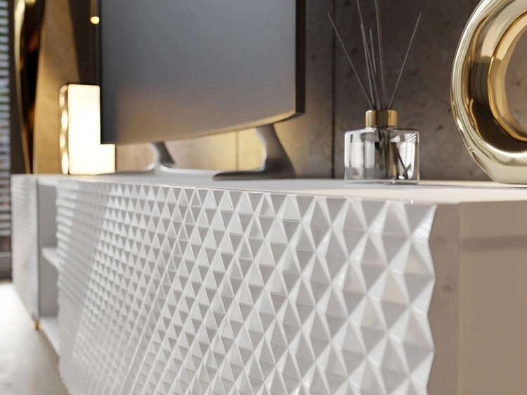 Szafka RTV z frezowanymi frontami 3D i metalowymi czarnymi nóżkami Celiane biały połysk