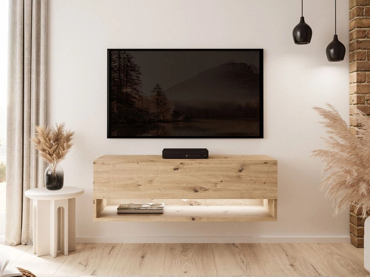 Szafka RTV wisząca 90 cm do salonu z oświetleniem LED Aurelie Dąb Artisan