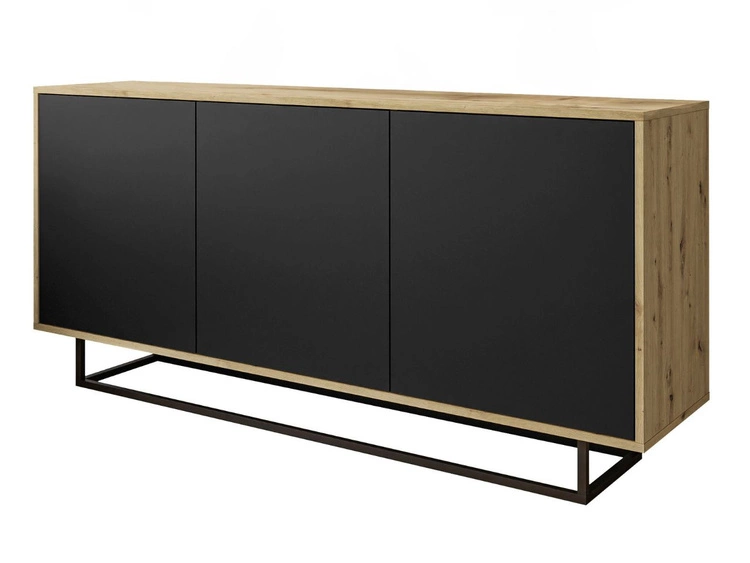 Trzydrzwiowa komoda 154 cm w stylu loft na czarnym stelażu Vivance czarny mat i dąb artisan