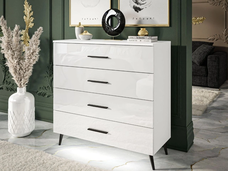 Komoda z czterema szufladami i oświetleniem LED na czarnych nóżkach Nuveo Biały połysk