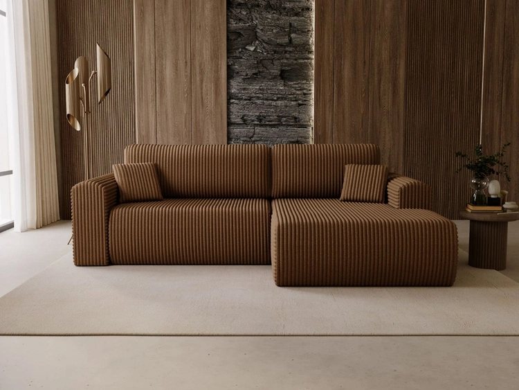 Narożnik z funkcją spania i pojemnikiem Belvio prawy Brązowy