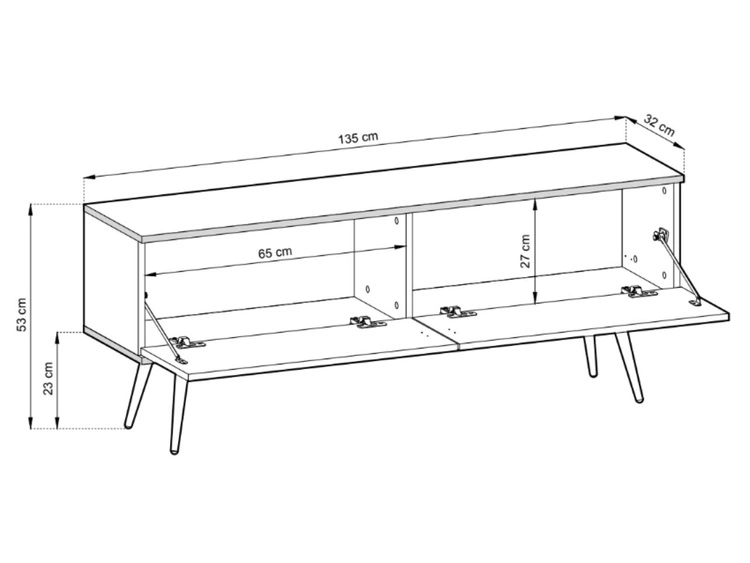 Szafka pod telewizor z drzwiczkami 135 cm z ryflowanym frontem Diolo Biała na złotych nogach