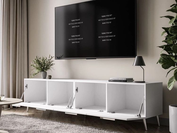 Szafka RTV pod telewizor z drzwiczkami na srebrnych nóżkach 200 cm Noaé Biały Połysk