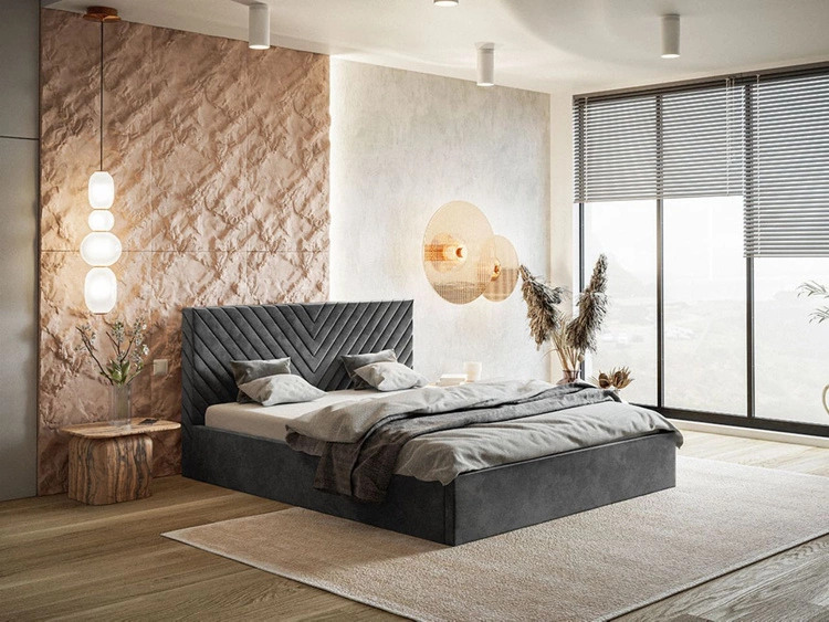 Łóżko tapicerowane z pojemnikiem i stelażem 140x200 Esma Ciemnoszare