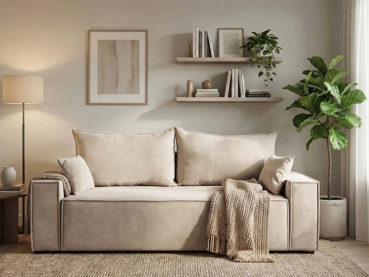 Kanapa z funkcją spania i pojemnikiem na pościel Sivra Beżowa