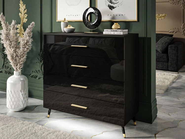 Komoda z czterema szufladami i oświetleniem LED na czarno-złotych nóżkach Nuveo Czarny połysk
