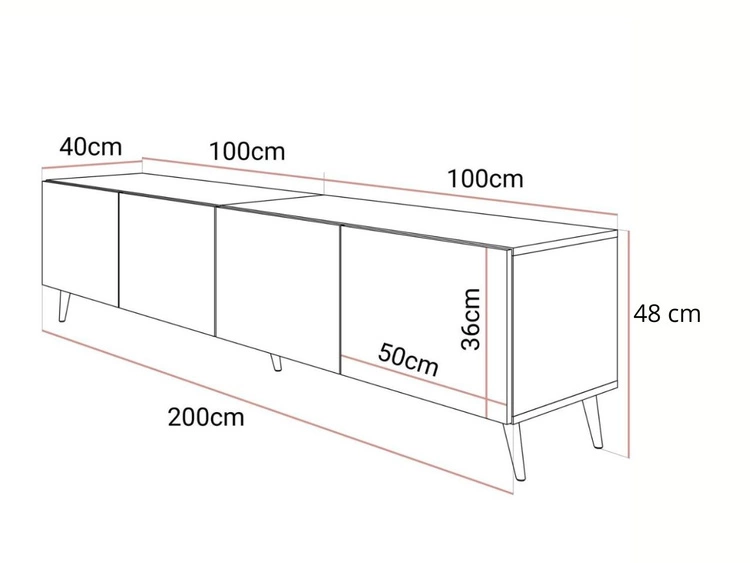 Szafka pod telewizor z drzwiczkami na czarno-złotych nóżkach 200 cm Noaé Czarny Połysk