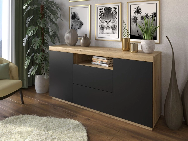 Dwudrzwiowa komoda 164 cm w stylu loft Asumi czarny mat i dąb wotan