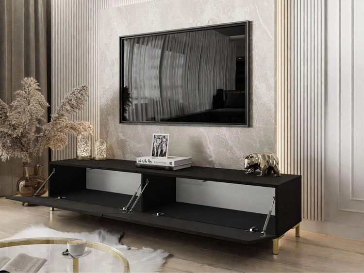 Szafka RTV na złotych nogach 175 cm z oświetleniem LED Sorelle Czarny mat