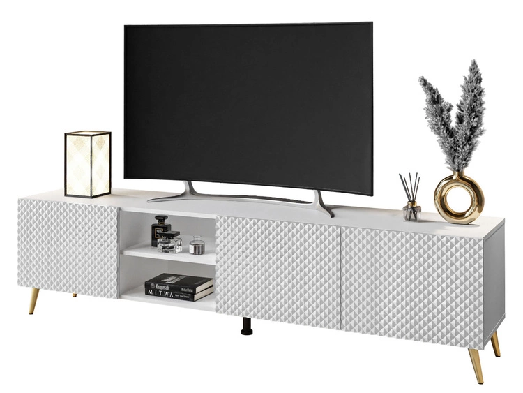 Szafka RTV z frezowanymi frontami 3D i metalowymi złotymi nóżkami Celiane biały połysk