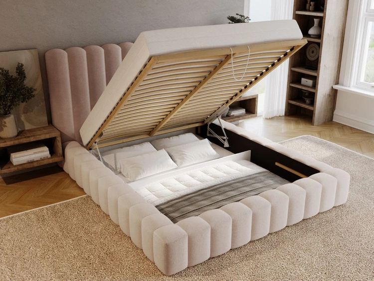 Łóżko tapicerowane z pojemnikiem i stelażem 140x200 cm Rotto Beżowe