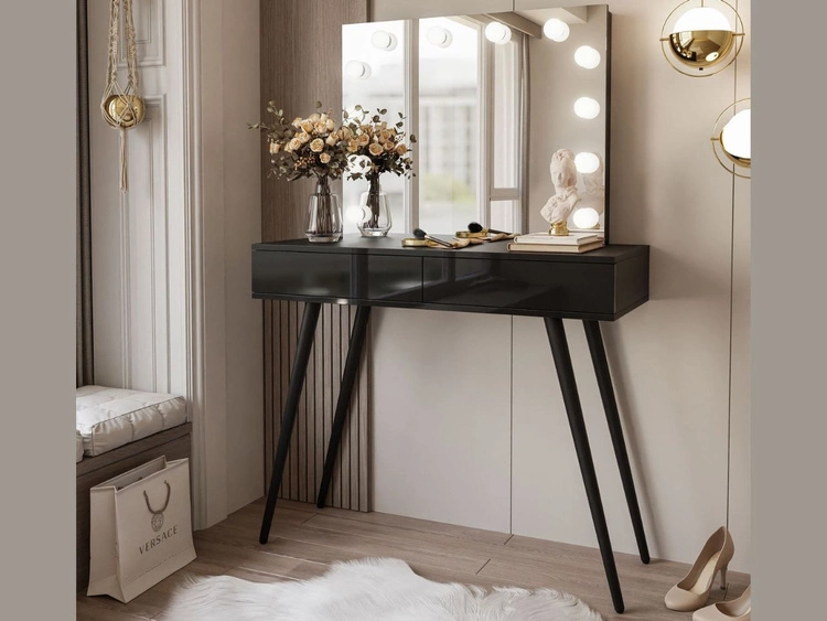 Toaletka kosmetyczna w stylu glamour z szufladami, czarnymi nogami i oświetleniem LED Olivine Elite czarny połysk