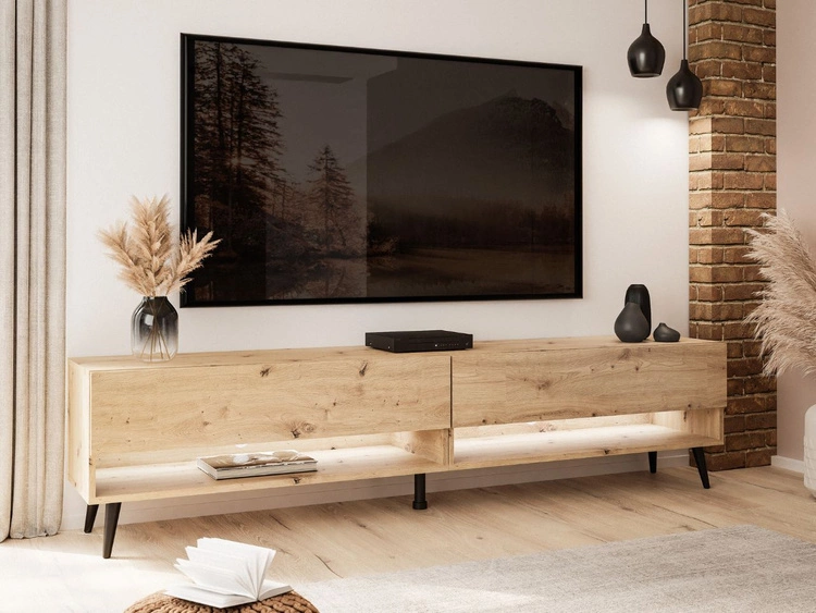 Szafka RTV 180 cm do salonu z oświetleniem LED i czarnymi nóżkami Aurelie Dąb Artisan