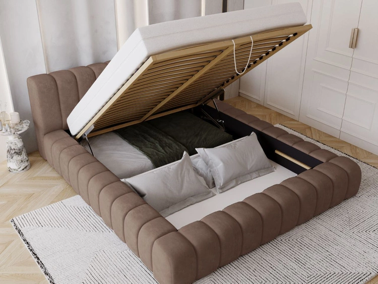 Łóżko tapicerowane z pojemnikiem na pościel i stelażem 140x200 Italia Brązowe