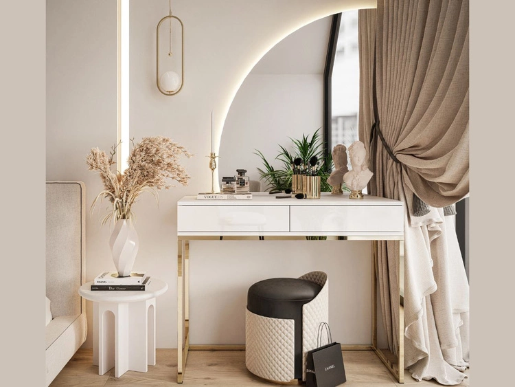 Toaletka kosmetyczna lewostronna z szufladami i oświetleniem LED na złotych nogach Clarette Biały połysk