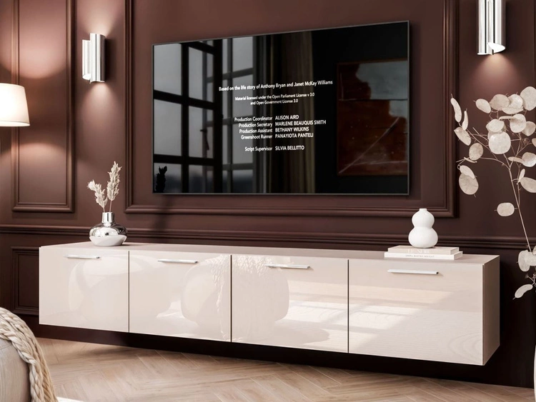 Szafka RTV wisząca pod telewizor z drzwiczkami i srebrnymi uchwytami 200 cm Noaé Kaszmir