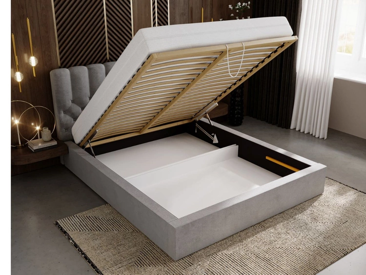 Łóżko tapicerowane z pojemnikiem i stelażem 180x200 cm Roma Jasnoszare